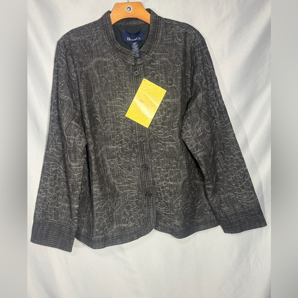 Denim & Co Black Charcoal Gray Denim Jean Jacket Paisley Embroidered Chore Sz L